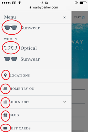 warby parker mobile menu