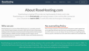 No Overselling Policy - Screen Captured from RoseHosting.com