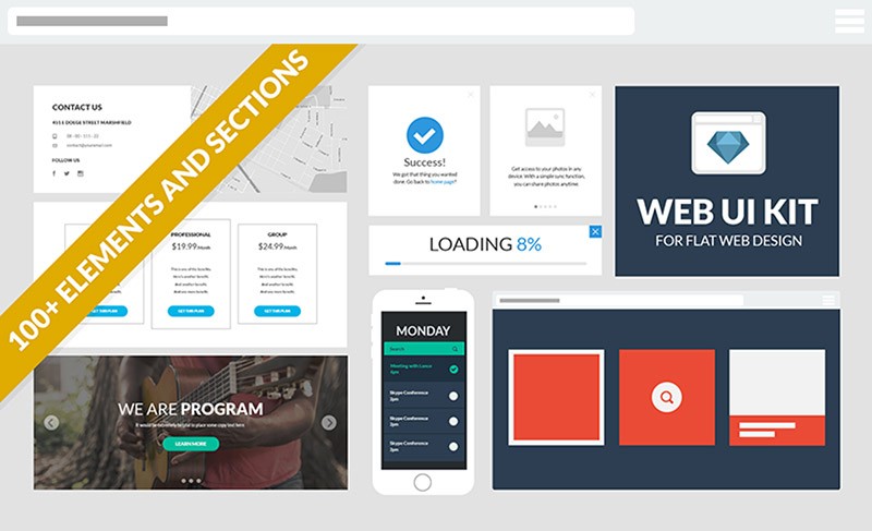 Over a hundred elements and components in PSD, AI, EPS and Sketch format.