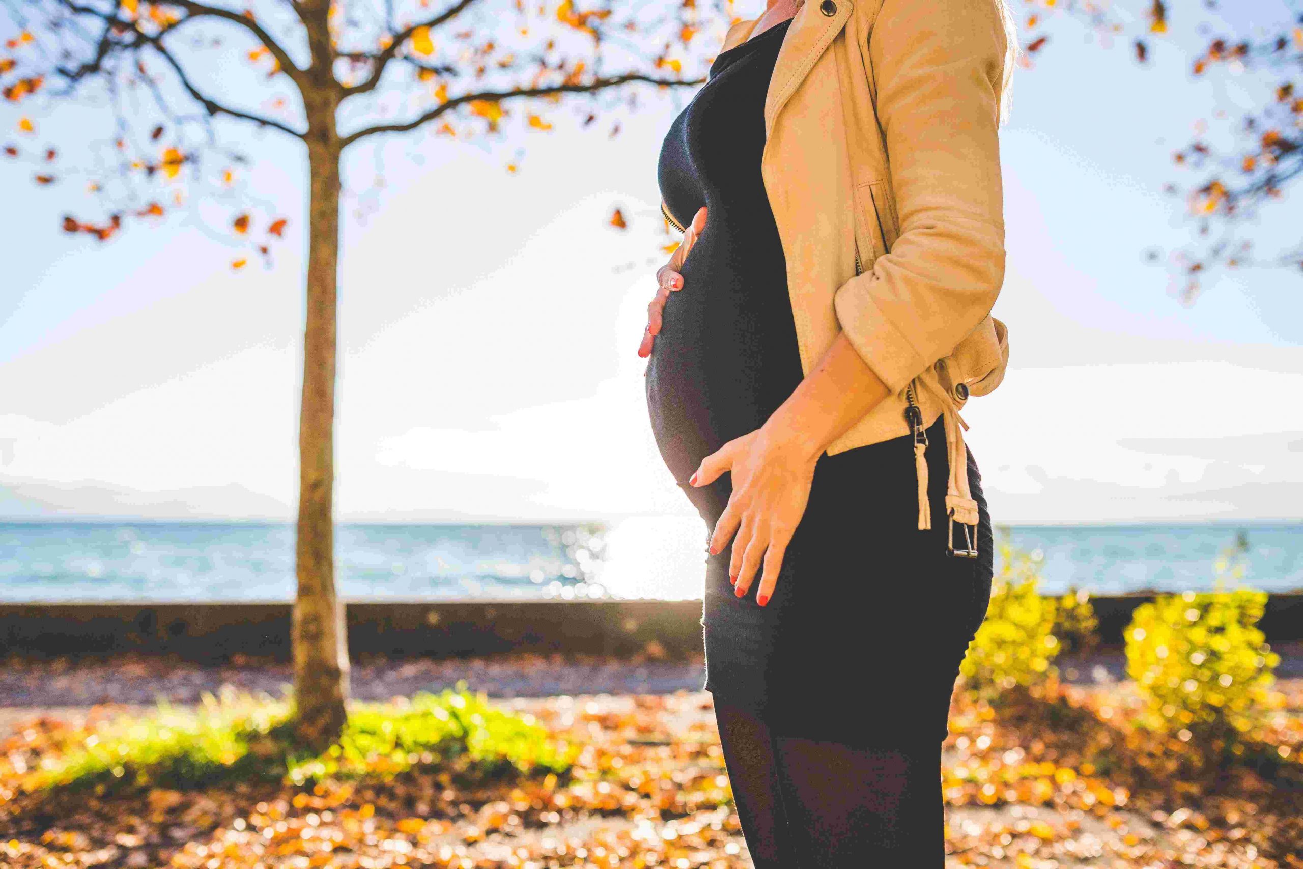 pregnant-woman-wearing-beige-long-sleeve-shirt-standing-near-brown-tree-at-daytime