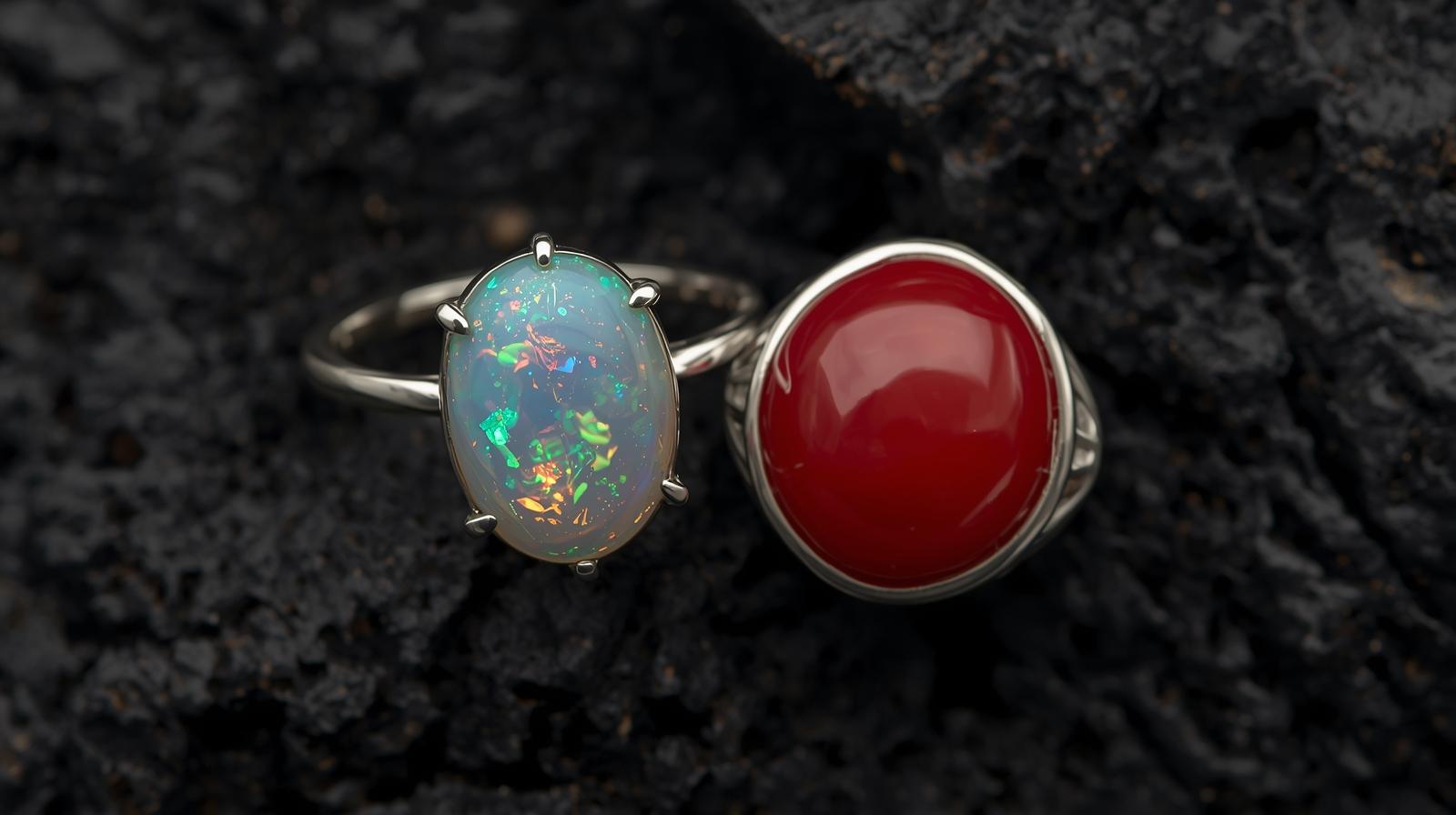 Opal-ring-and-Red-Coral-ring